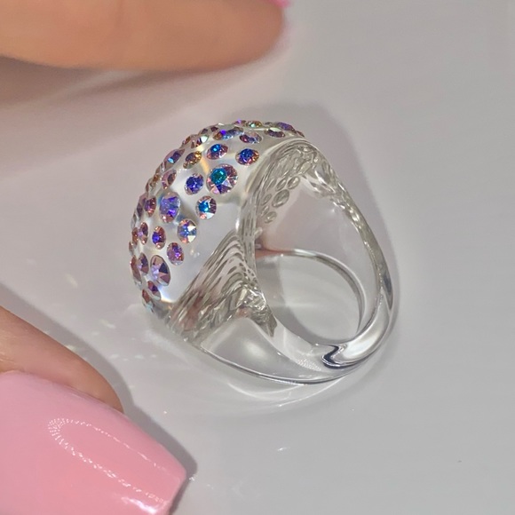 Clear Acrylic Ring Embellished With Aurora borealis Swarovski Crystal stones. - Picture 11 of 12